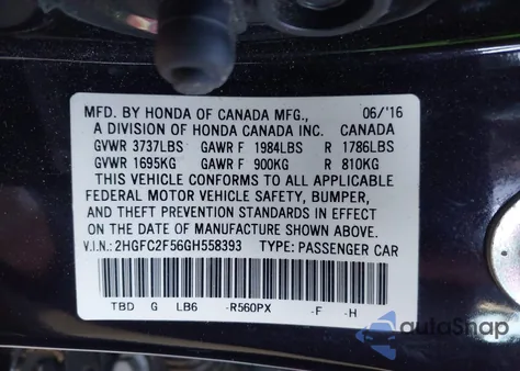 2016 Honda Civic Lx from USA, damaged, VIN 2HGFC2F56GH558393